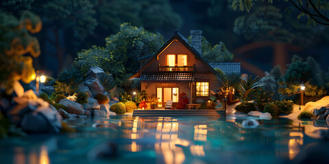 Old dark swamp with old cottage, lights in window, big trees, sparking lights, forest with house and lake cold"