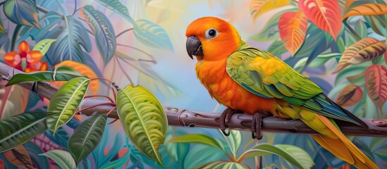 A vibrant small orange, yellow, and green parrot perches on a colorful branch in this painting. The parrot is depicted in a realistic style, showcasing its detailed feathers and bright colors.