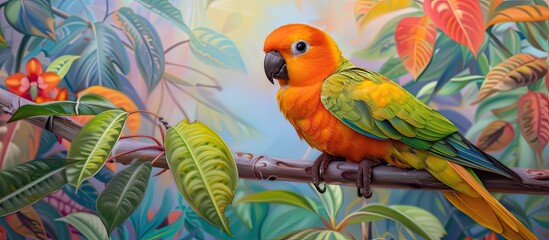 Fototapeta premium A vibrant small orange, yellow, and green parrot perches on a colorful branch in this painting. The parrot is depicted in a realistic style, showcasing its detailed feathers and bright colors.
