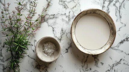 A photo of a marble table with a frame and a bowl.
