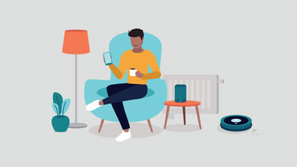 Vektor-Illustration einer Person, die sich in einem Stuhl  entspannt und ein Smartphone in der Hand hält. Sie ist von Smart Home-Objekten umgeben - Smart Home-Konzept © ARNE
