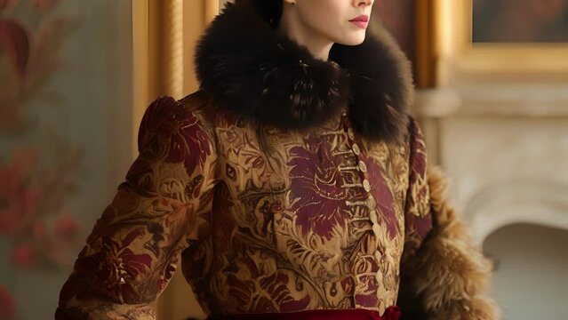 A rich brocade coat in shades of gold and burgundy adorned with fur trim and paired with a highnecked blouse and a full midi skirt perfect for a day at the royal horse races.