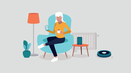 Vektor-Illustration einer Person, die sich in einem Stuhl  entspannt und ein Smartphone in der Hand hält. Sie ist von Smart Home-Objekten umgeben - Smart Home-Konzept © ARNE