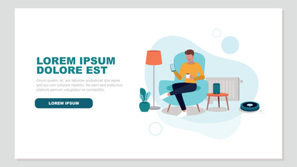 Vektor-Illustration einer Person, die sich in einem Stuhl  entspannt und ein Smartphone in der Hand hält. Sie ist von Smart Home-Objekten umgeben - Smart Home-Konzept © ARNE