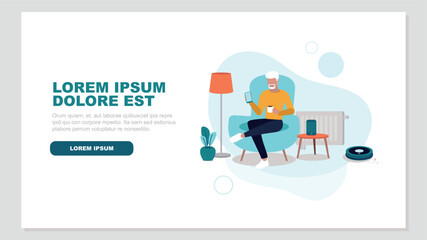 Vektor-Illustration einer Person, die sich in einem Stuhl  entspannt und ein Smartphone in der Hand hält. Sie ist von Smart Home-Objekten umgeben - Smart Home-Konzept © ARNE