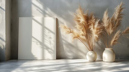 A photo of two vases of pampas grass against a white concrete wall with shadows of a window falling across it.