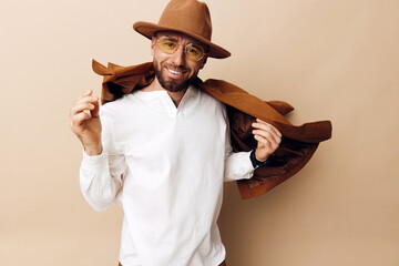 Background man happy person fashionable cowboy adult caucasian hat guy beard man face
