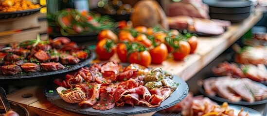 A table at a restaurant is filled with various plates of food, all covered in a variety of meats ranging from beef to pork. The spread showcases a selection of meat appetizers ready to be enjoyed.