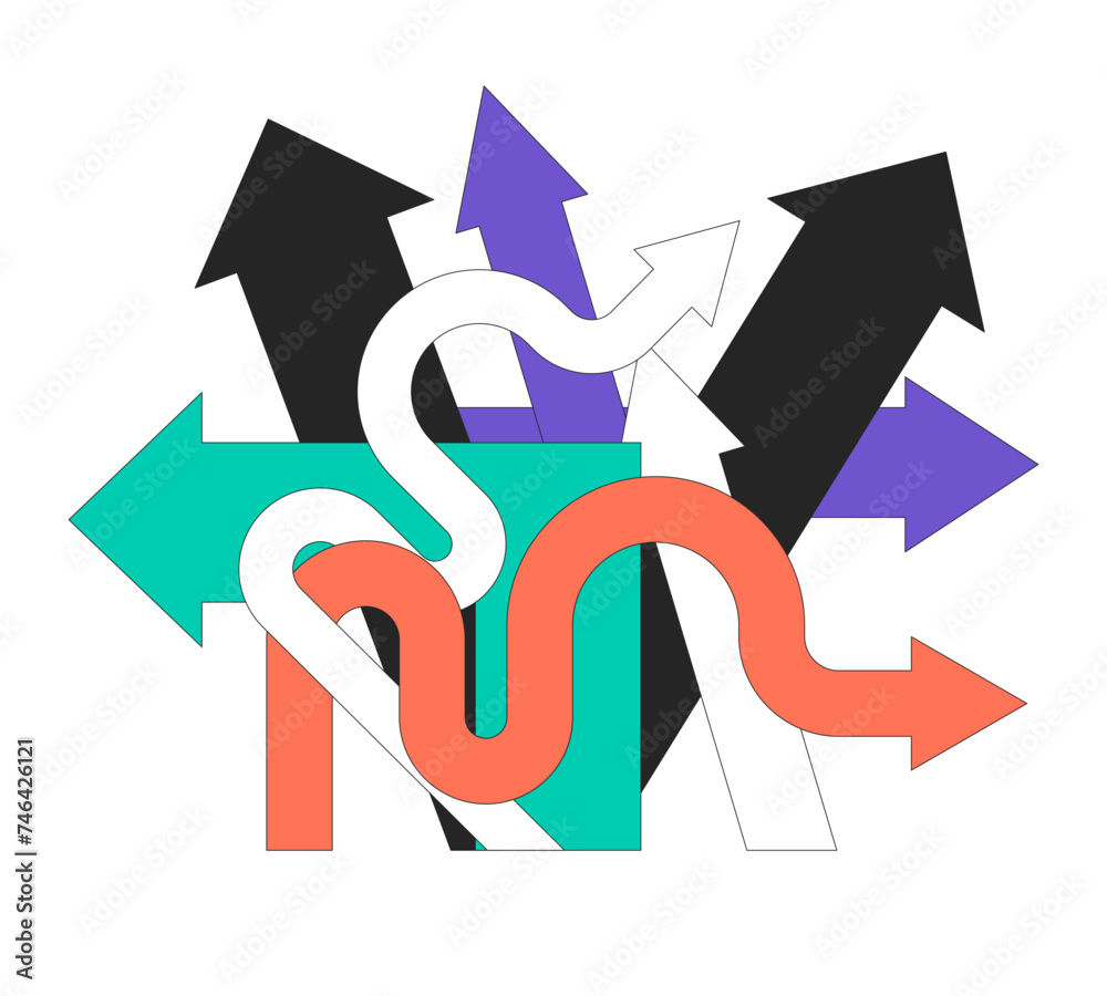 Poster arrows pointing different directions 2d linear cartoon object. decisions difficult pathways isolated