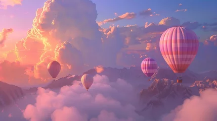 Foto op Aluminium Colorful hot air balloons flying above high mountain at sunrise with beautiful sky background © Sasint