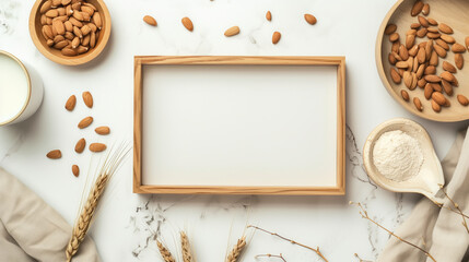 Fototapeta na wymiar Almond Milk background with white board in the middle
