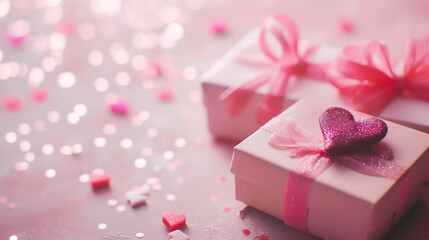 Valentine's day gift with rose flowers.Flat lay