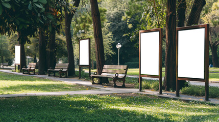 busy areas, park with, vertical and horizontal displays showcase advertisements, their screens cut out with alpha channel 