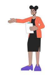 African-american woman office worker 2D linear cartoon character. Female employee pointing arm isolated line vector person white background. Teacher hand outstretched color flat spot illustration