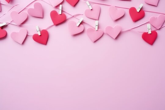 Heart shapes clipped on a string over pink. Pink Hearts and Clothespins on String