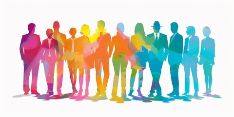 Colorful upper body silhouettes of different working people as human resources and inclusion concept - obrazy, fototapety, plakaty