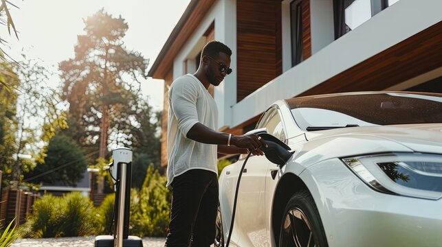 Man with an electric car charger near a house in summer, sustainability and green living, Eco Lifestyle