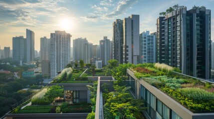 Obraz premium Skyline View of Eco-Friendly Urban Rooftop Gardens 