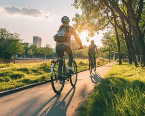 Cyclists Enjoying a Sunny Evening Ride in Park
