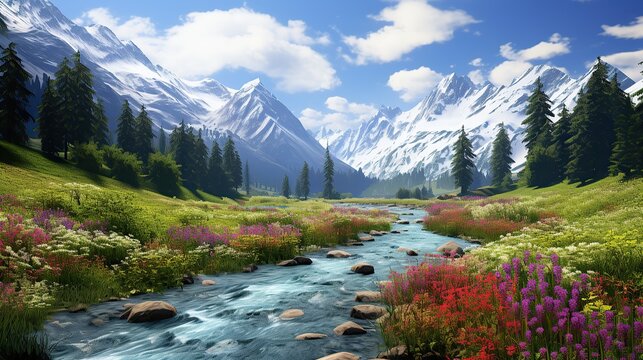 Photos of rivers and mountains with falling flowers Generative AI