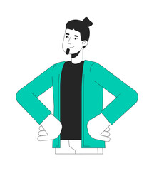 Determined professional man hands on hips 2D linear cartoon character. Bearded caucasian male isolated line vector person white background. Office worker satisfied color flat spot illustration