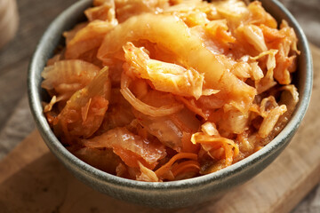 Closeup of kimchi in a bowl - obrazy, fototapety, plakaty