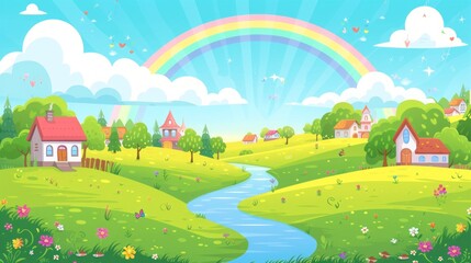 Naklejka premium cartoon houses with rainbow and river illustration.
