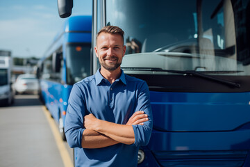 A male bus driver poses at the bus station in front of the transport company bus - 746428123