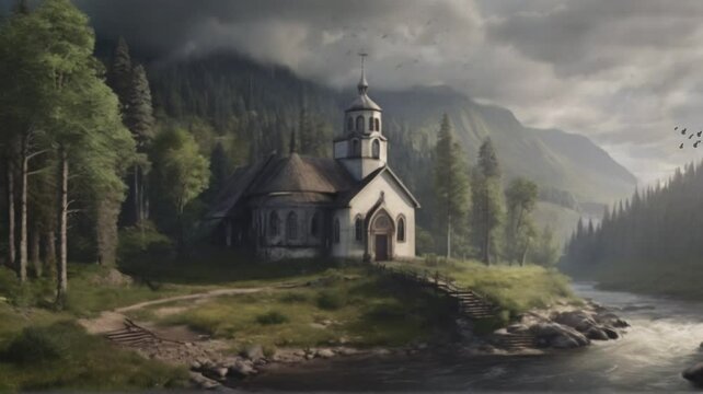 church on the hill. 4k animation video