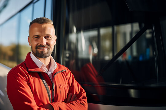 A male bus driver poses at the bus station in front of the transport company bus