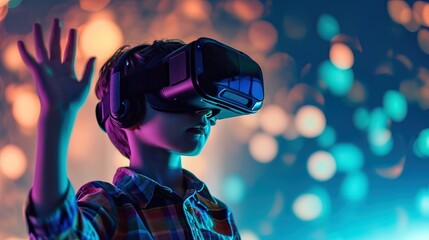 Young child boy, wearing virtual reality glasses headset, immersed in a virtual world, wonder and curiosity