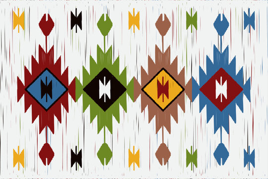 Ethnic fabric pattern, green, red, yellow, blue, on white background, geometric design for textiles and clothing, blankets, rugs, blankets, vector illustration.