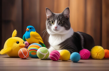 Fototapeta na wymiar The comfort of home: a cat and his toy friends. 