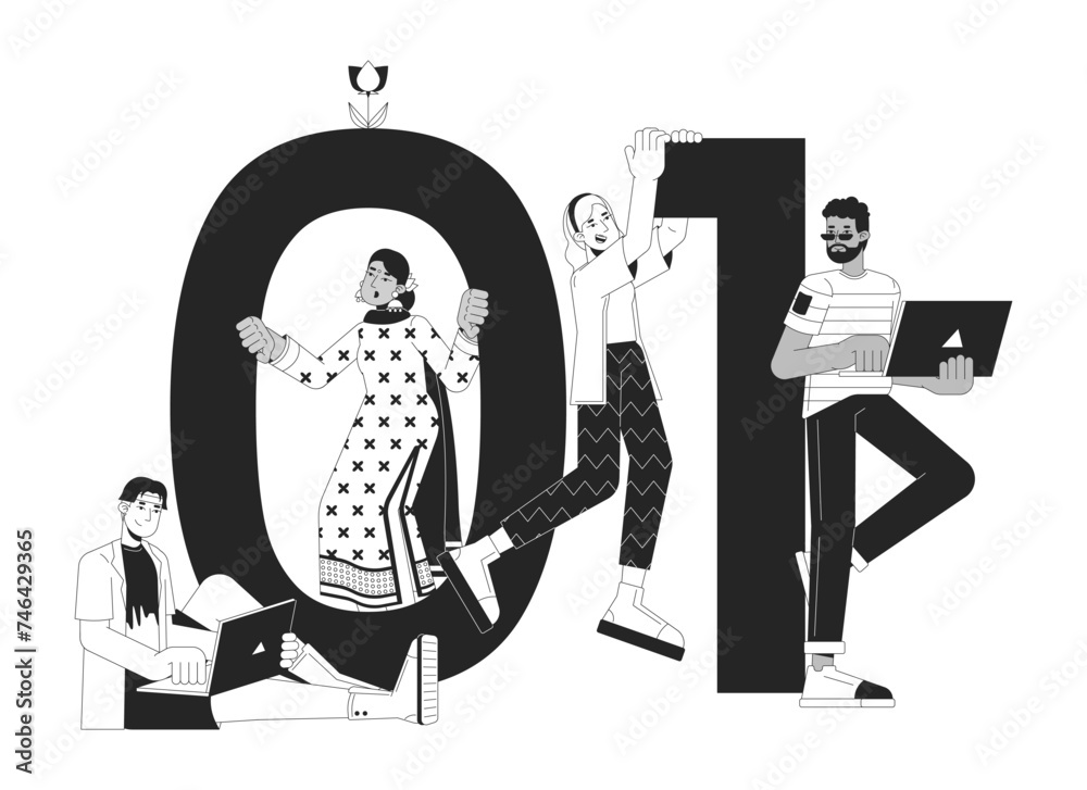Poster binary code black and white 2d illustration concept. programming specialists. developers team at wor