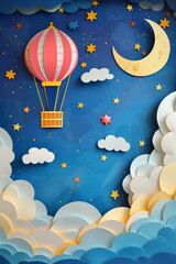 A papercraft design of a hot air balloon flying high in the night sky