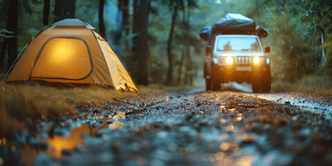 Tents and SUV car in forest at sunrise,A group of people sit around a campfire with a car in the background.
