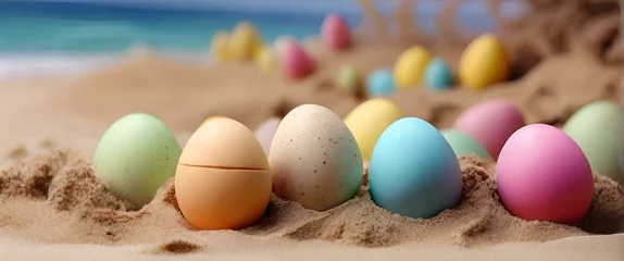 Fototapeten colourful easter egg on sandy beach. Colorful Easter Egg Hunt on Beach © Maria