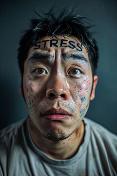 A man with the word Stress on his forehead