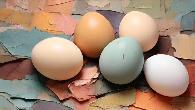 Easter layout. Two white and three brown eggs are lying on crumpled paper. Easter.