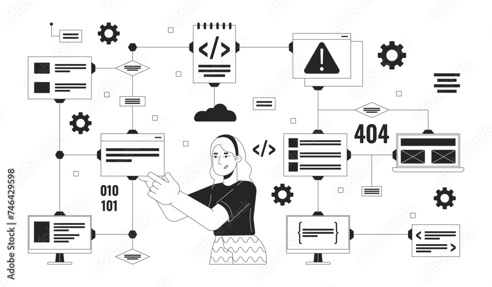 Poster computer network black and white 2d illustration concept. software engineer working with digital dat