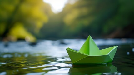 green paper boat on the water.