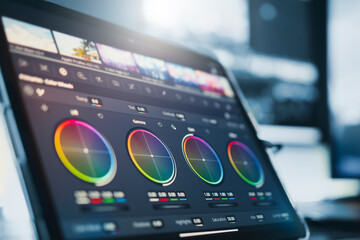 Close-up of a color wheel. filmmaker or colorist, working with footage on a digital tablet, in a...