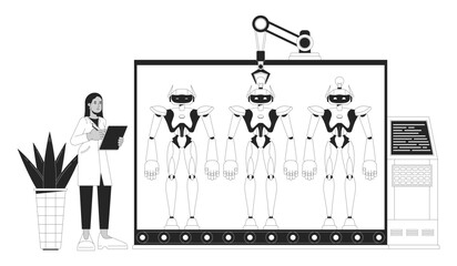 Robotics building black and white 2D illustration concept. Engineer controlling machines on conveyor cartoon outline character isolated on white. Software development metaphor monochrome vector art