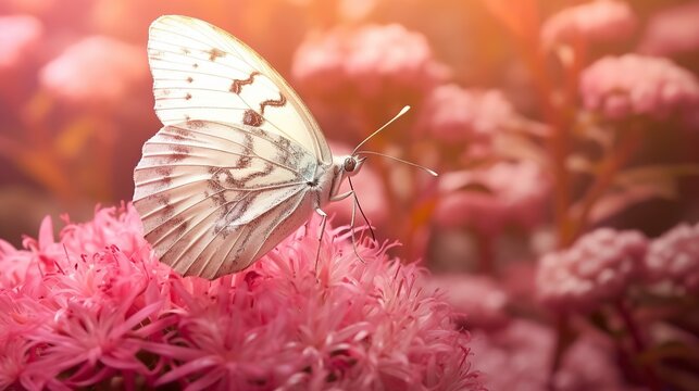 Pink romantic natural floral background with a white butterfly on flower Generative AI