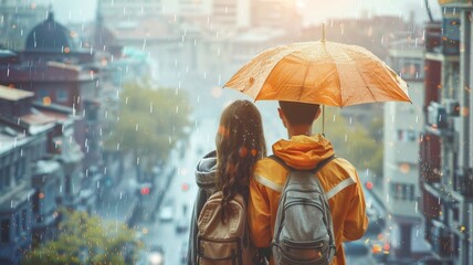 Obraz premium Happy young couple standing under an umbrella and looking around the city. --ar 16:9 --v 6 Job ID: f0e561e0-011c-406c-a370-4060d5b1ad72