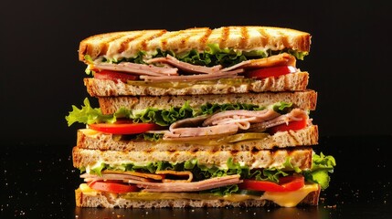 A delicious, tasty sandwich with a variety of toppings, mouth-watering. Isolated on black background Generative AI