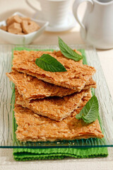 Coca de chicharrones. Traditional meal from Spain. Crackling cake. Coca de llardons or chicharrones.