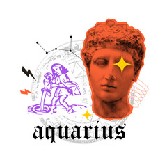 Zodiac astrology horoscope collage with cutout shape, doodle element. Aquarius. Popart collage grunge art. Retro halftone vintage effect. Greece modern face. Retro pop psychedelic esoteric horoscope