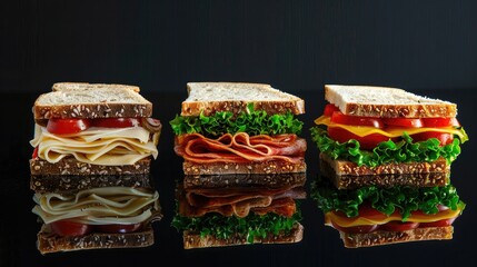 A delicious, tasty sandwich with a variety of toppings, mouth-watering. Isolated on black background Generative AI