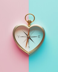 Vintage compass shaped like heart on a pastel pink and blue background. Minimal love and women's day concept